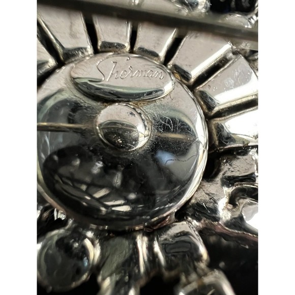 Vintage Sherman Brooch Earrings Dome Signed Blue Rhinestones Crystal Swarovski - Picture 9 of 14